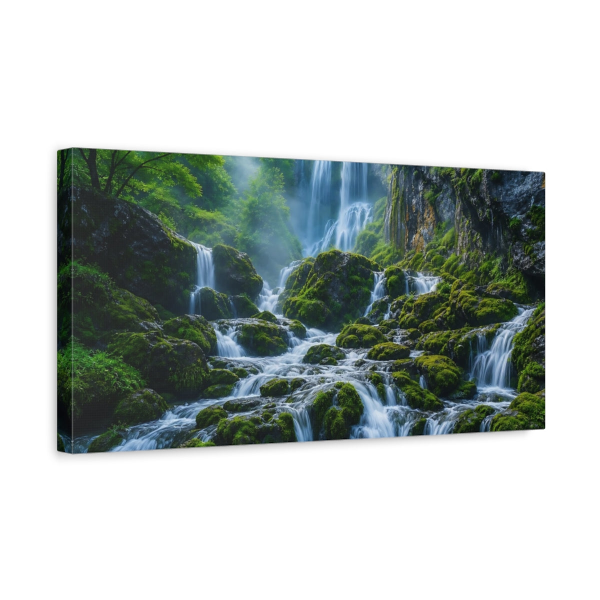 Side Mockup 3. Nature Waterfall Green And Blue shown as stretched canvas wall art