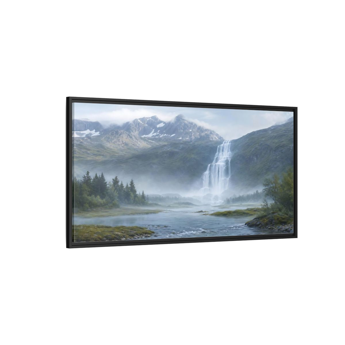 Side Mockup 5. Nature Waterfall Green And Blue shown as stretched canvas wall art