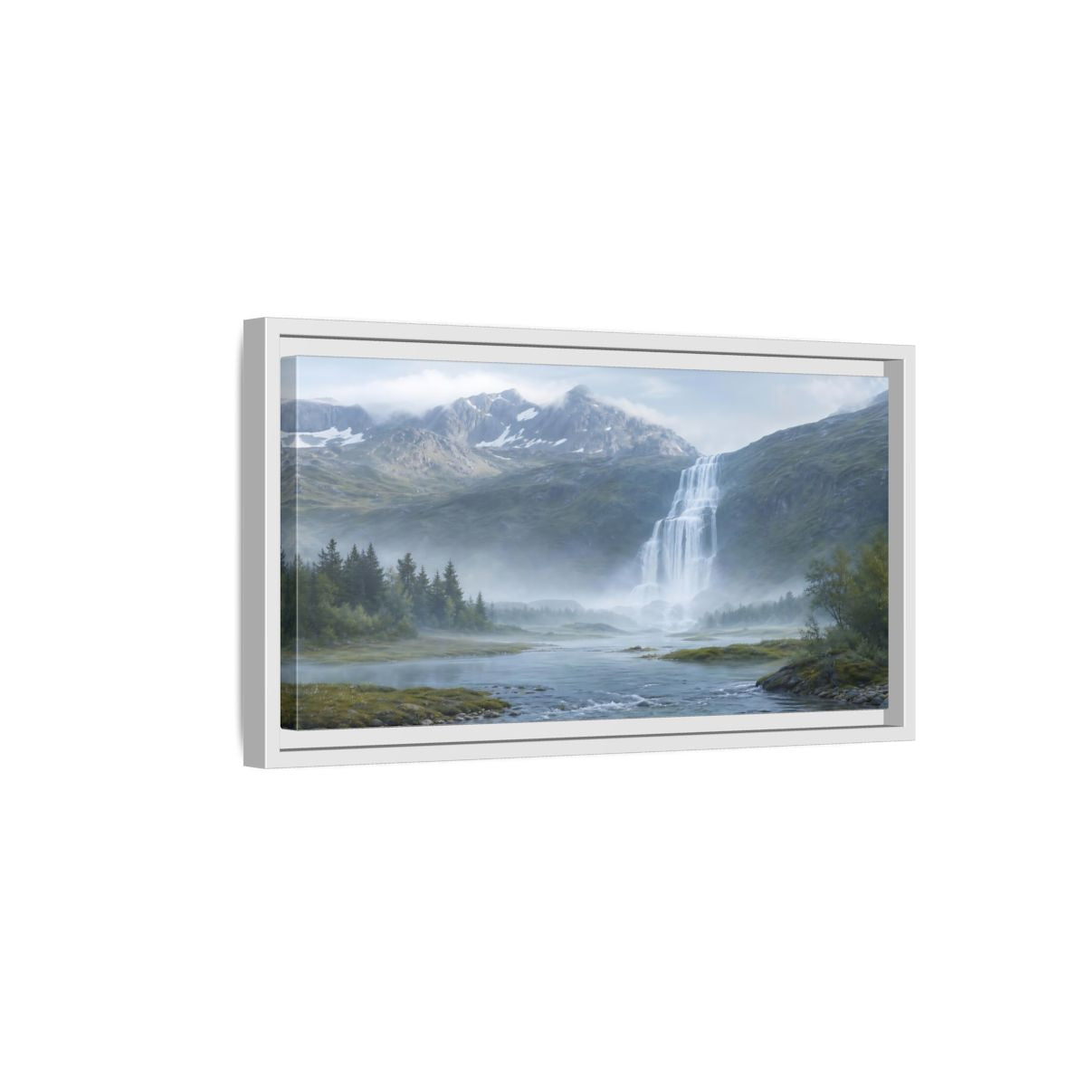 Side Mockup 6. Nature Waterfall Green And Blue shown as stretched canvas wall art
