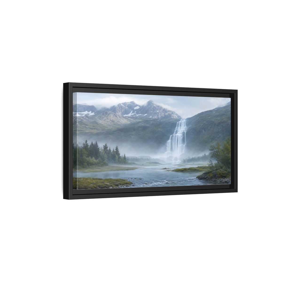 Side Mockup 8. Nature Waterfall Green And Blue shown as stretched canvas wall art