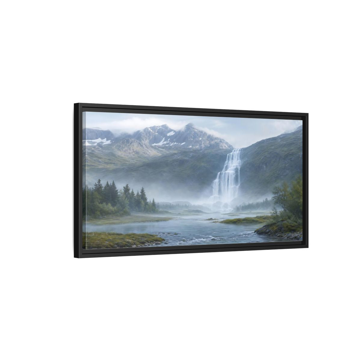 Side Mockup 2. Nature Waterfall Green And Blue shown as stretched canvas wall art