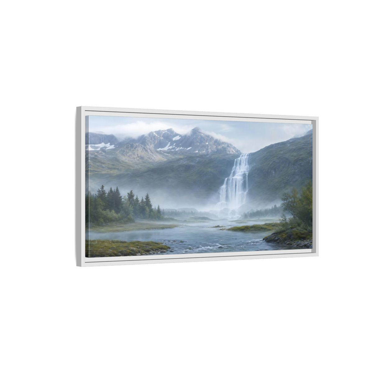 Side Mockup 1. Nature Waterfall Green And Blue shown as stretched canvas wall art