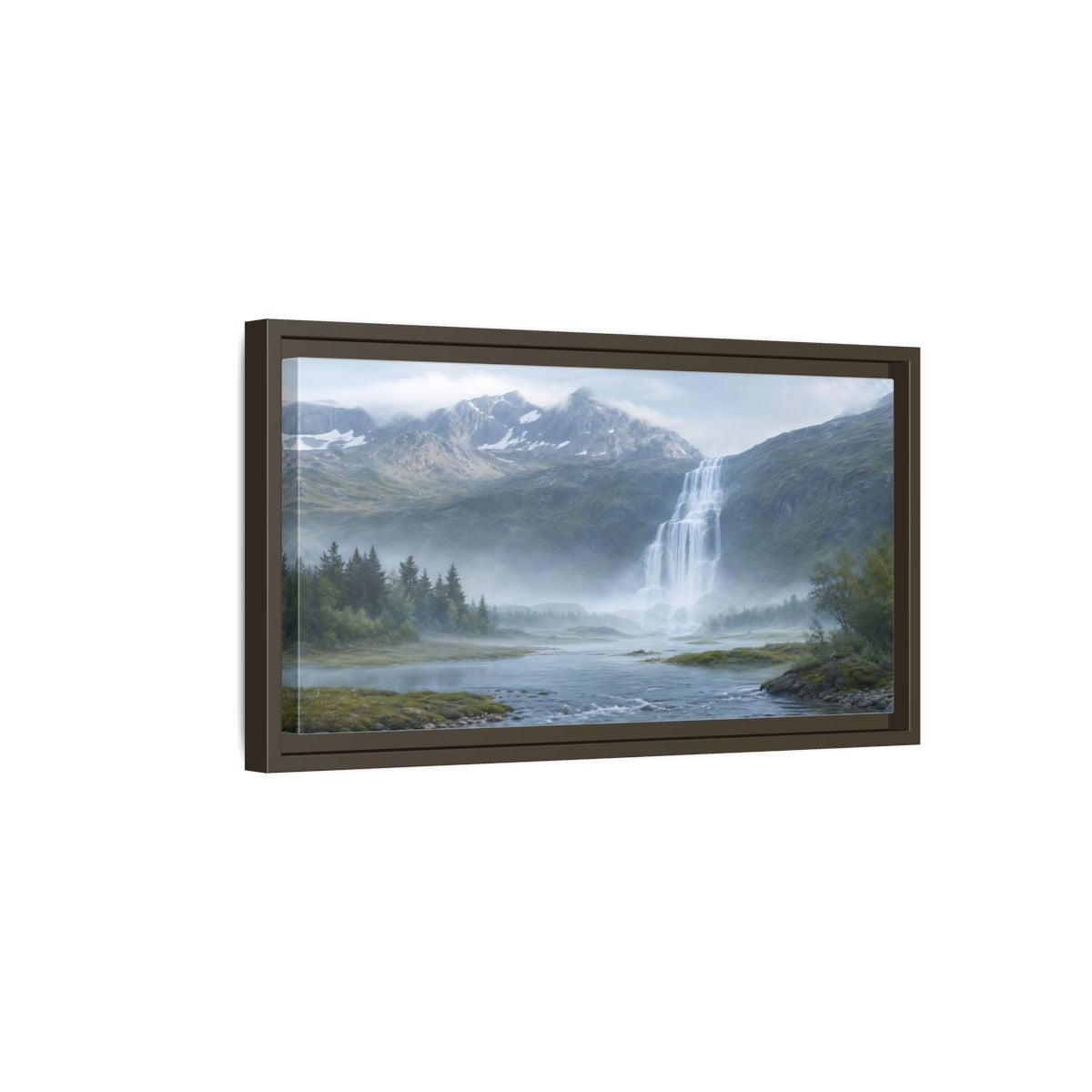 Side Mockup 7. Nature Waterfall Green And Blue shown as stretched canvas wall art