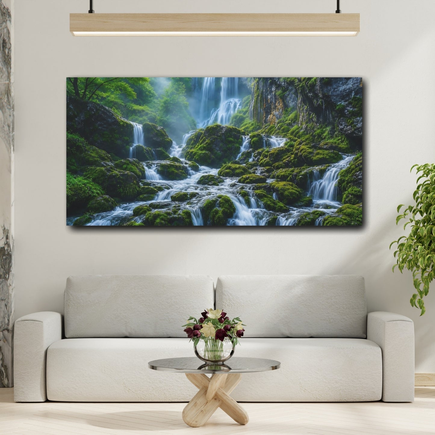 Mockup 2. Nature Waterfall Green And Blue shown as stretched canvas wall art