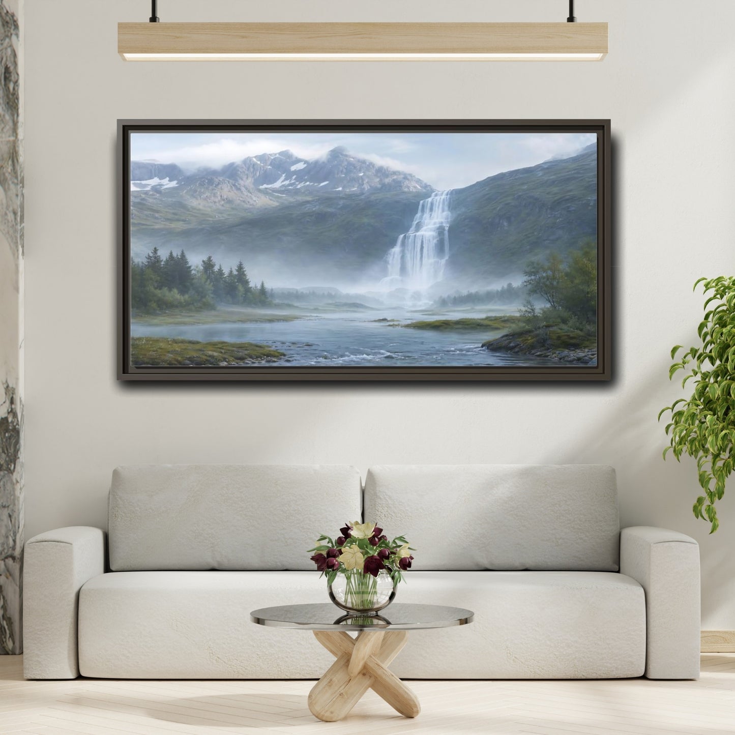 Mockup 2. Nature Waterfall Green And Blue shown as stretched canvas wall art