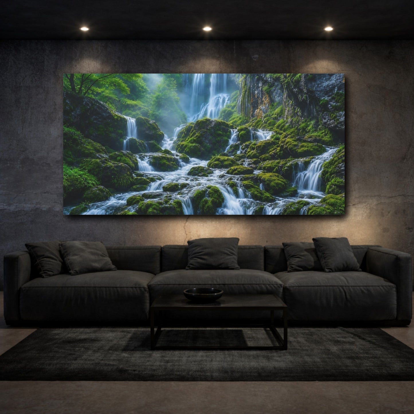 Mockup 3. Nature Waterfall Green And Blue shown as stretched canvas wall art