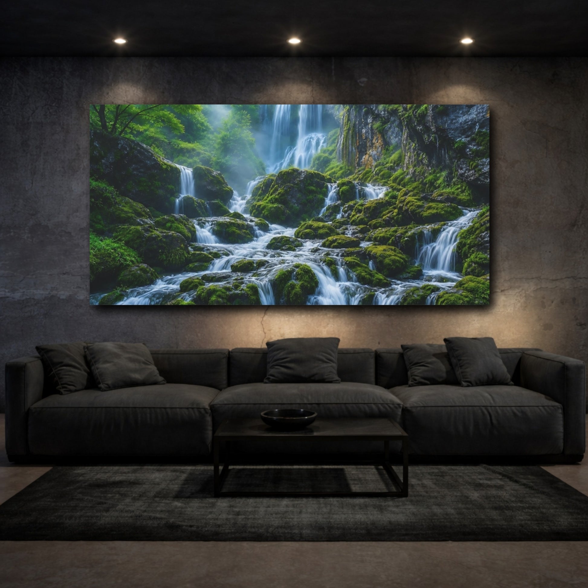 Mockup 3. Nature Waterfall Green And Blue shown as stretched canvas wall art