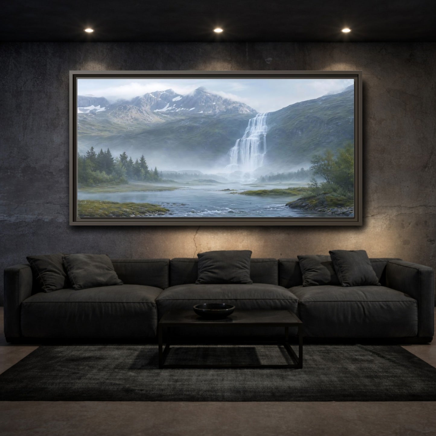 Mockup 3. Nature Waterfall Green And Blue shown as stretched canvas wall art