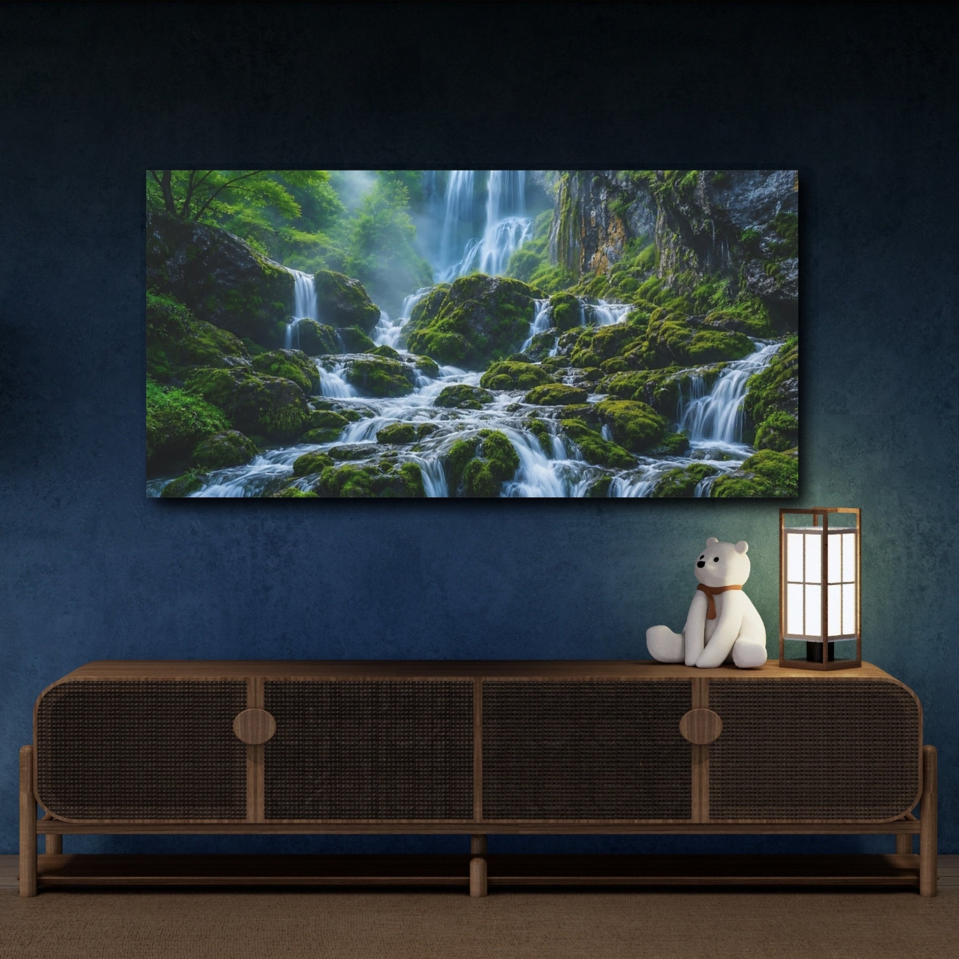Mockup 4. Nature Waterfall Green And Blue shown as stretched canvas wall art