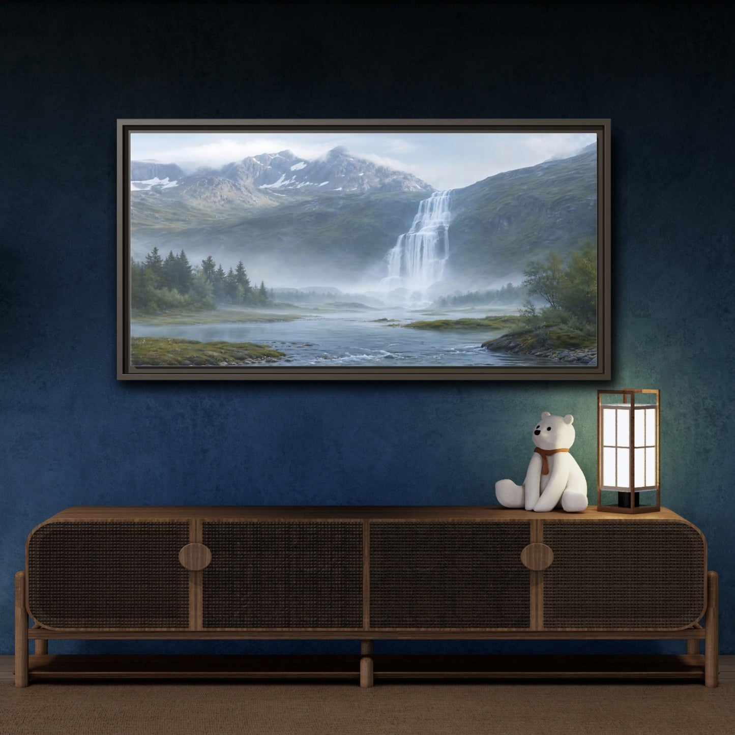 Mockup 4. Nature Waterfall Green And Blue shown as stretched canvas wall art
