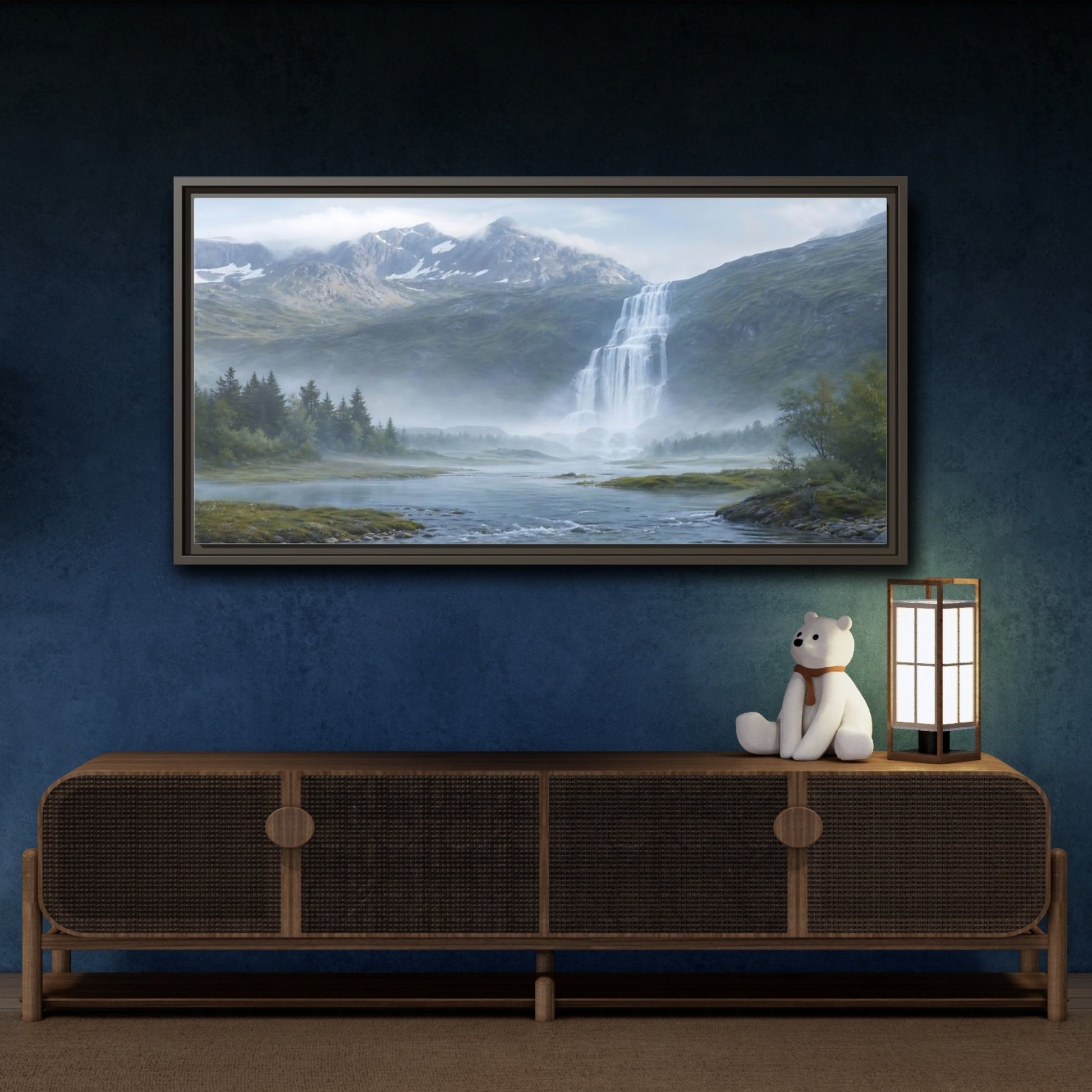 Mockup 4. Nature Waterfall Green And Blue shown as stretched canvas wall art