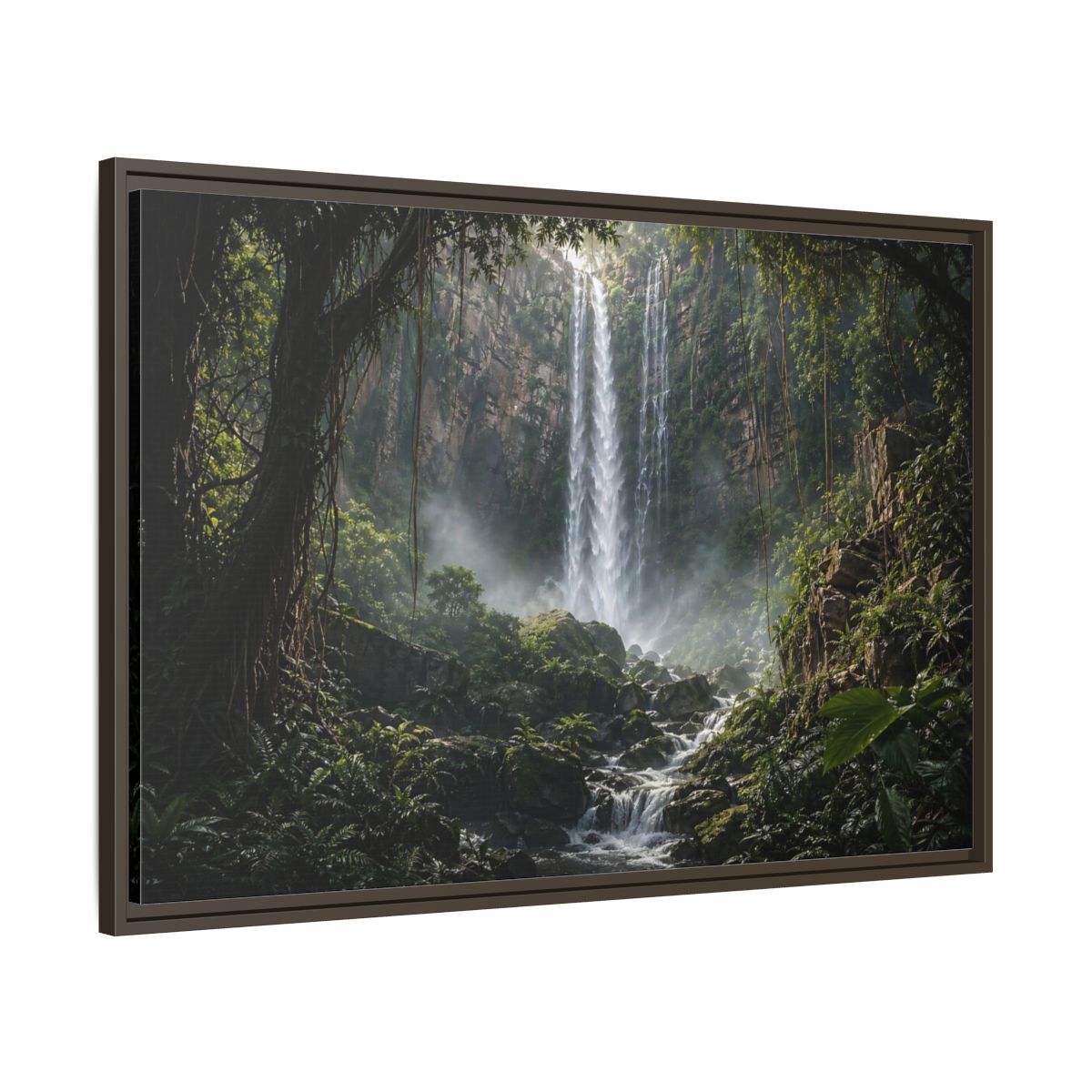 Main Mockup. Nature Waterfall Green And Brown shown as stretched canvas wall art