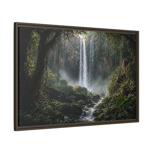 Main Mockup. Nature Waterfall Green And Brown shown as stretched canvas wall art