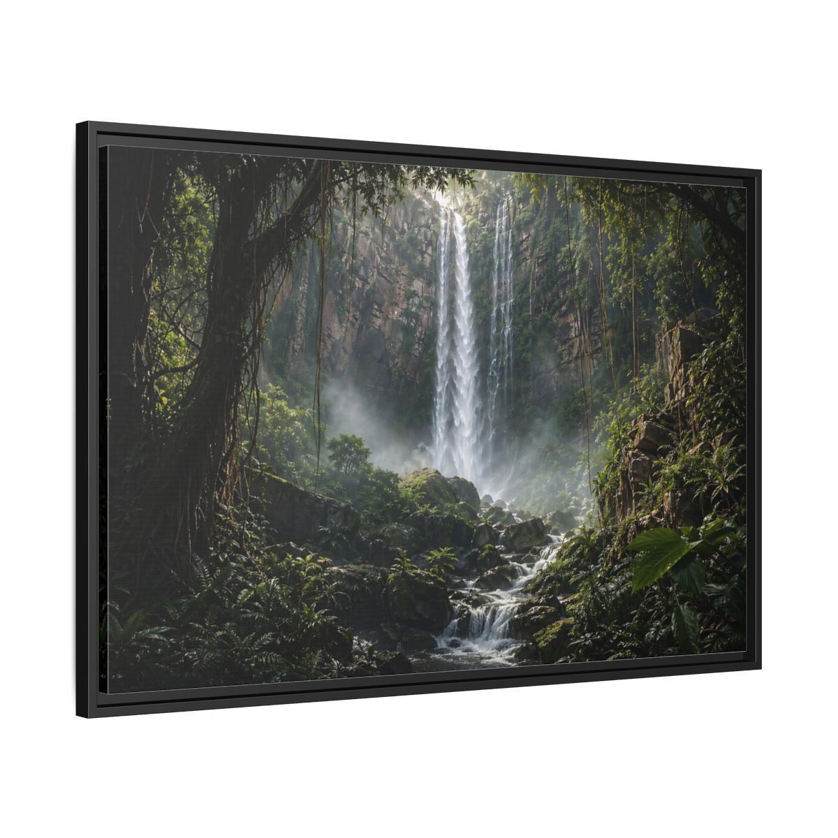 Side Mockup 13. Nature Waterfall Green And Brown shown as stretched canvas wall art