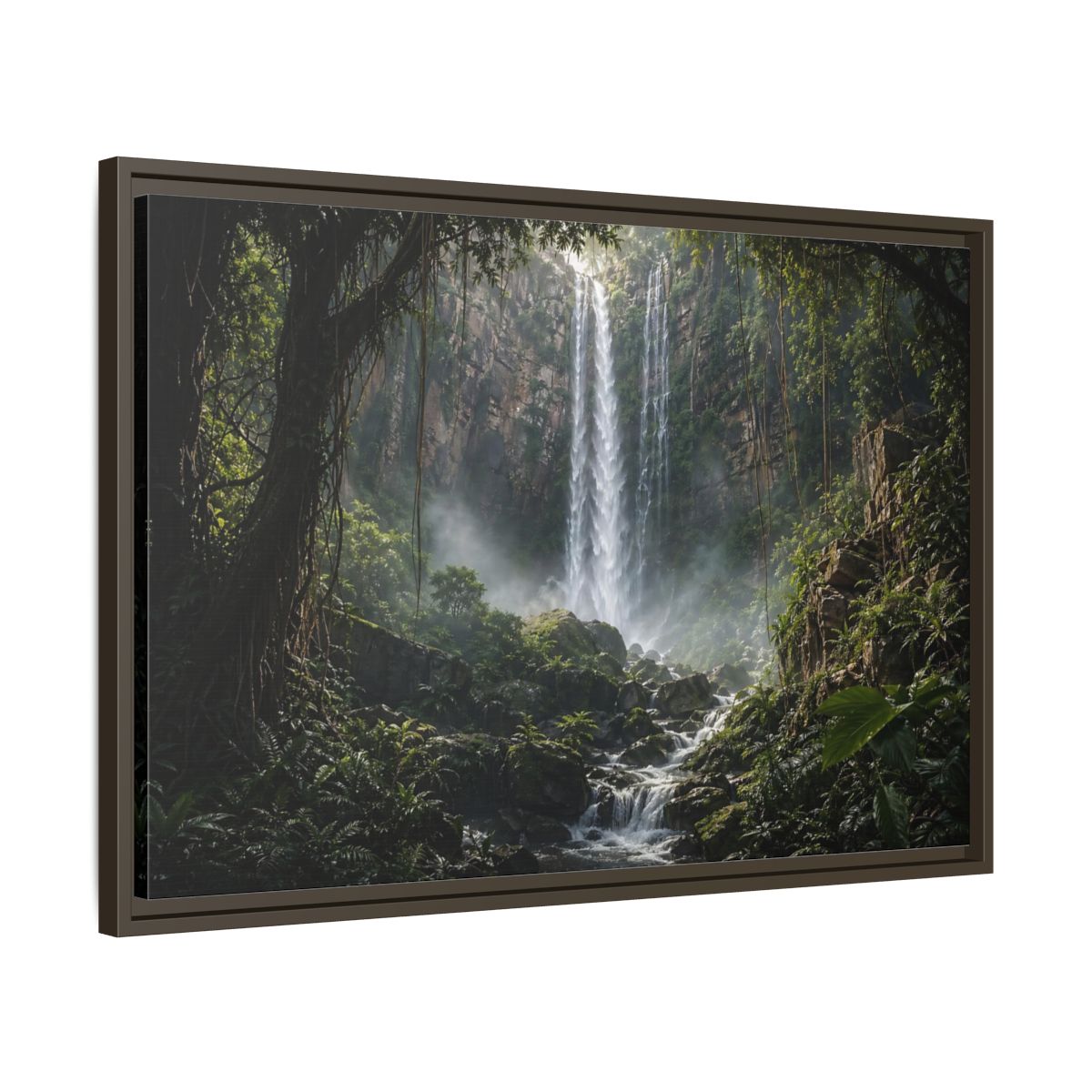 Side Mockup 11. Nature Waterfall Green And Brown shown as stretched canvas wall art