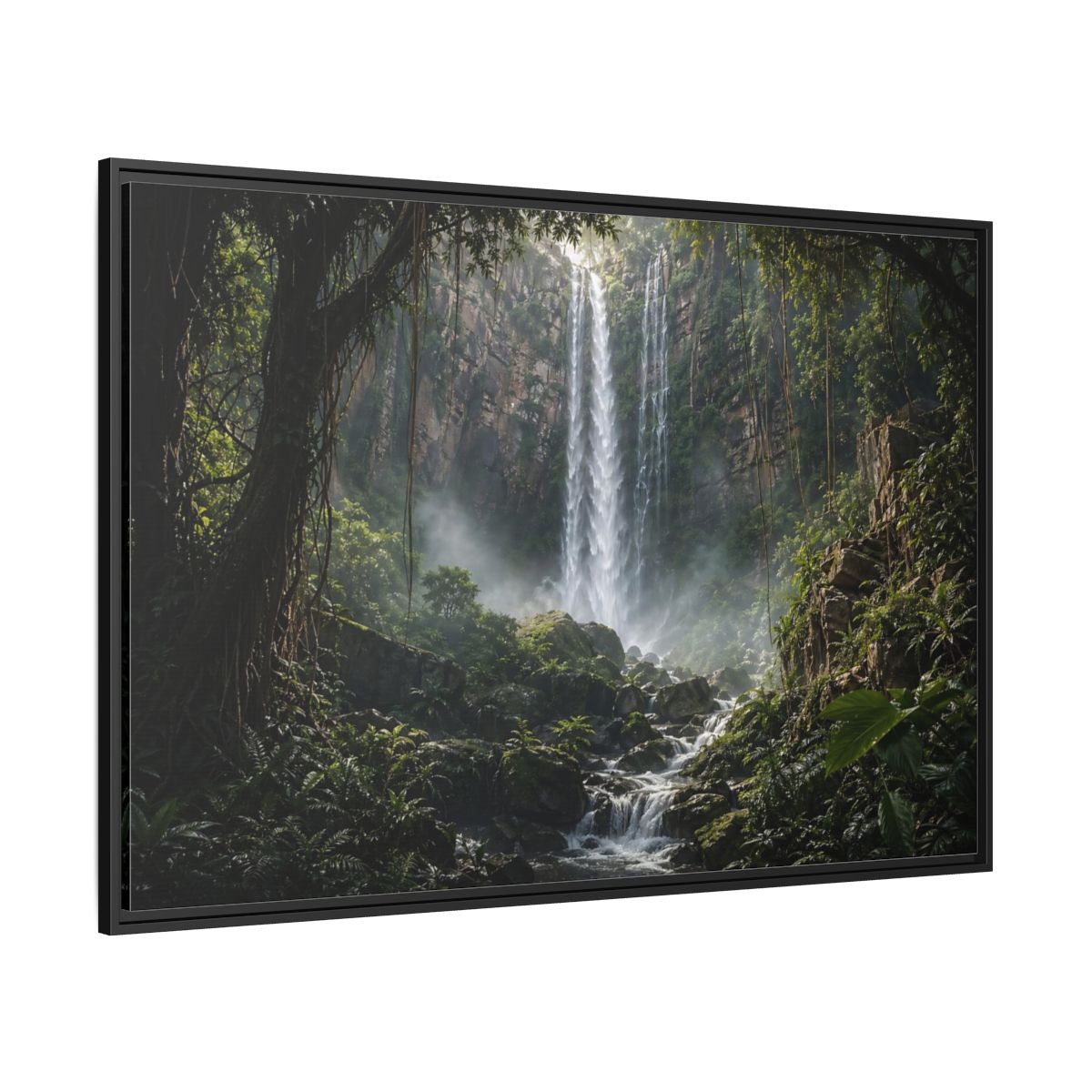 Side Mockup 12. Nature Waterfall Green And Brown shown as stretched canvas wall art