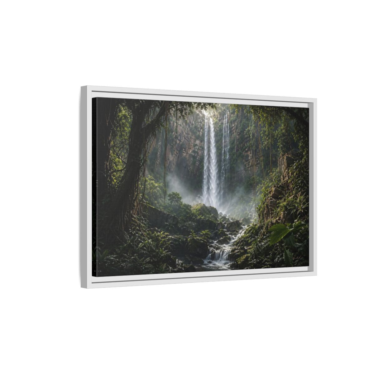 Side Mockup 1. Nature Waterfall Green And Brown shown as stretched canvas wall art