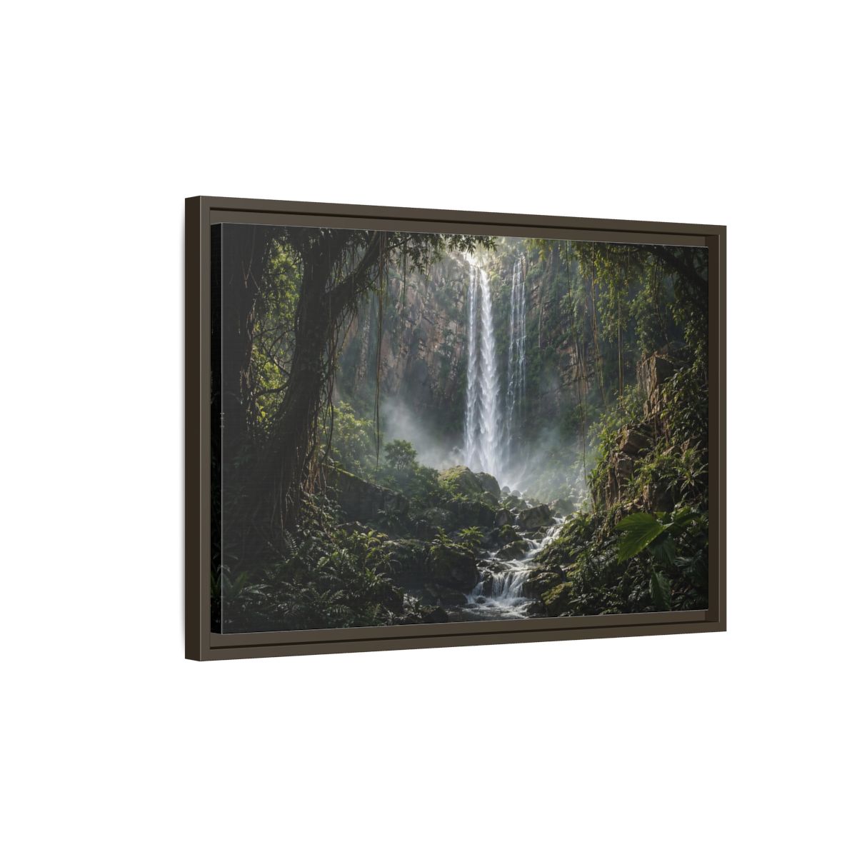 Side Mockup 2. Nature Waterfall Green And Brown shown as stretched canvas wall art