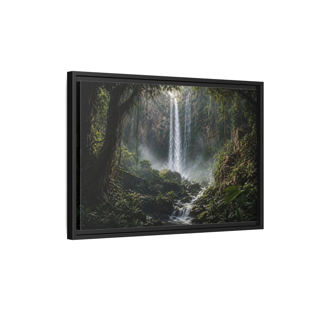 Side Mockup 3. Nature Waterfall Green And Brown shown as stretched canvas wall art
