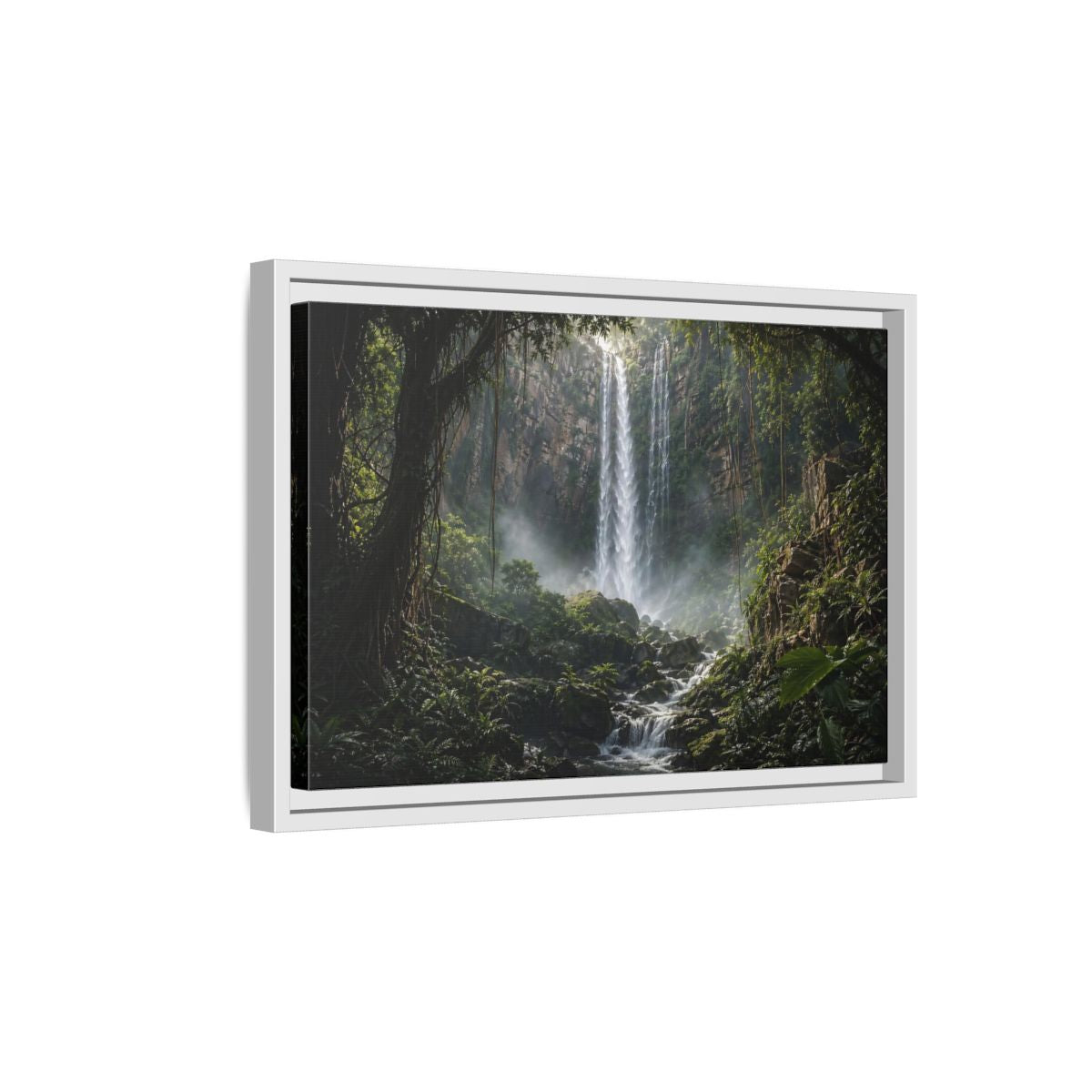 Side Mockup 4. Nature Waterfall Green And Brown shown as stretched canvas wall art