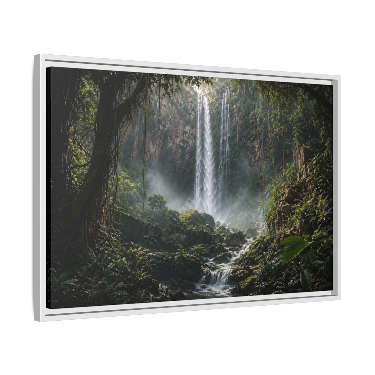 Side Mockup 10. Nature Waterfall Green And Brown shown as stretched canvas wall art