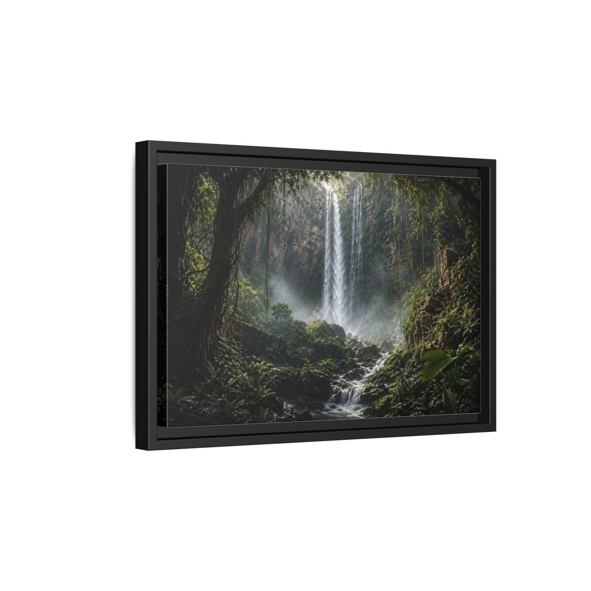 Side Mockup 6. Nature Waterfall Green And Brown shown as stretched canvas wall art
