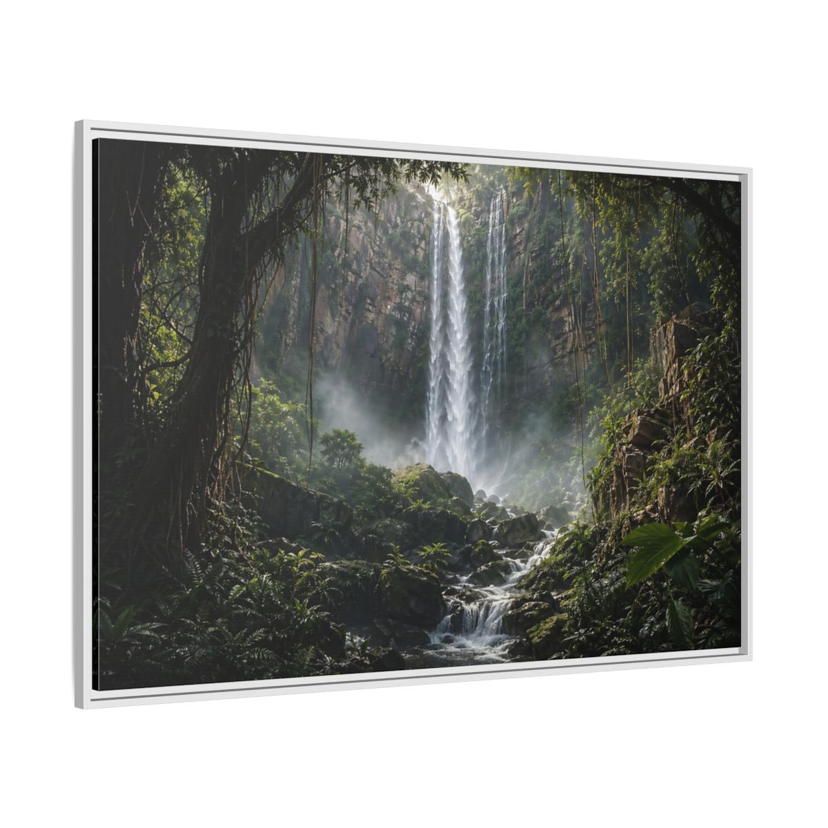 Side Mockup 7. Nature Waterfall Green And Brown shown as stretched canvas wall art