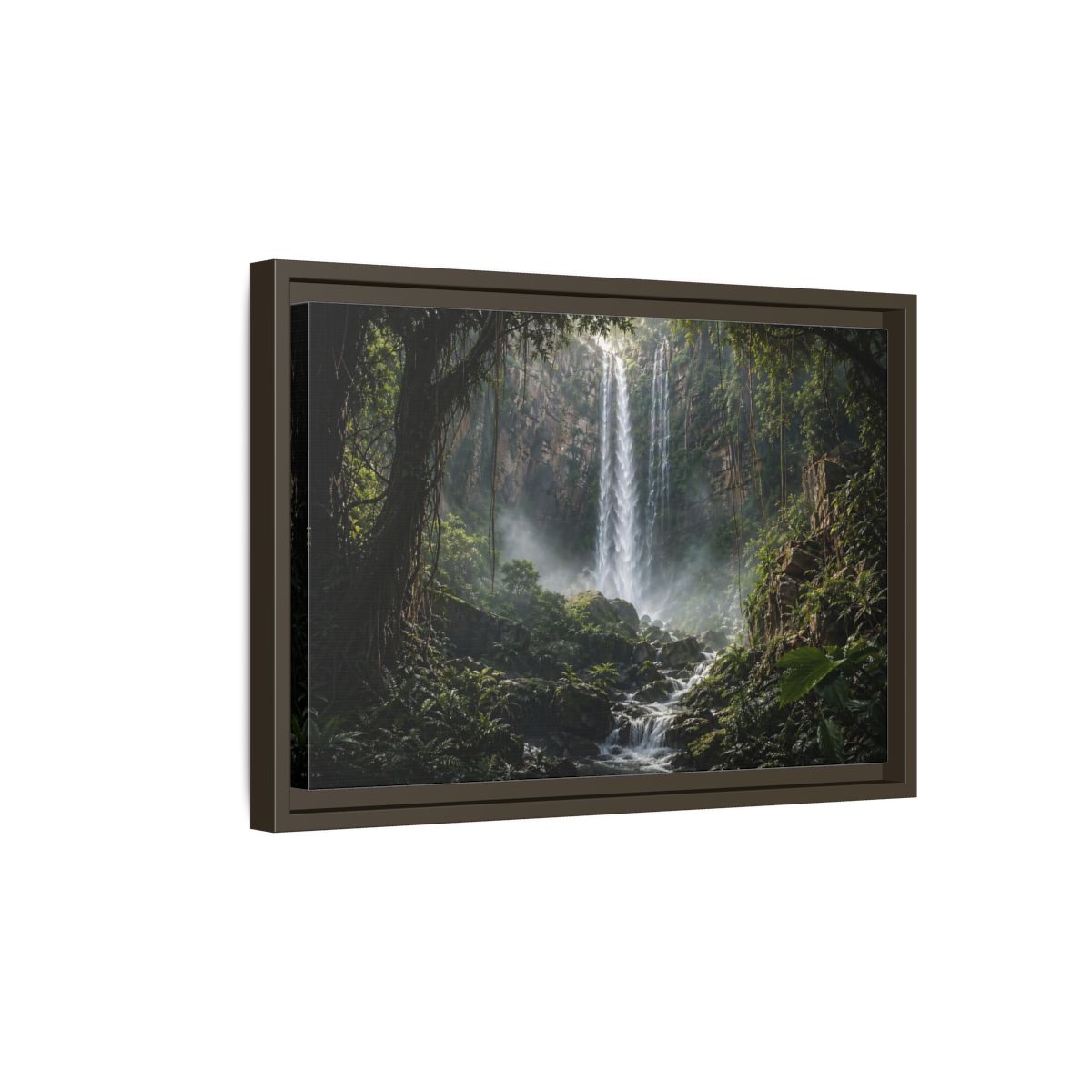 Side Mockup 5. Nature Waterfall Green And Brown shown as stretched canvas wall art