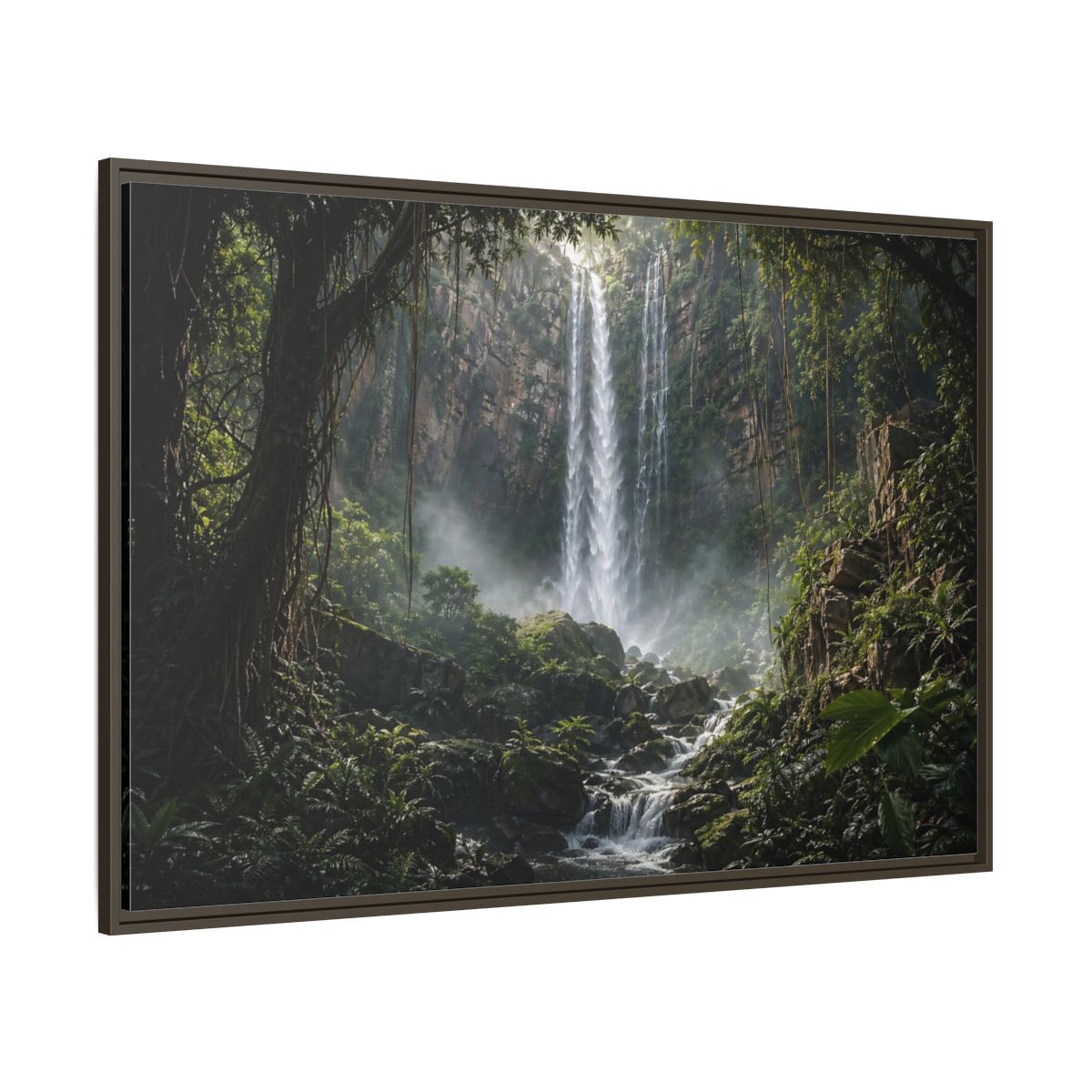 Side Mockup 8. Nature Waterfall Green And Brown shown as stretched canvas wall art