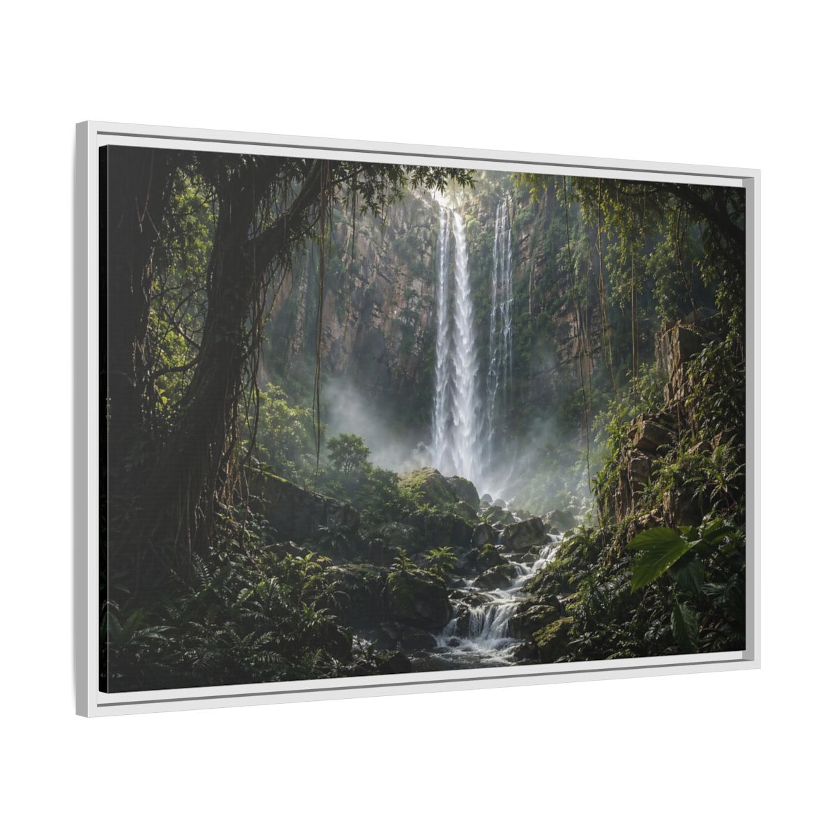 Side Mockup 9. Nature Waterfall Green And Brown shown as stretched canvas wall art