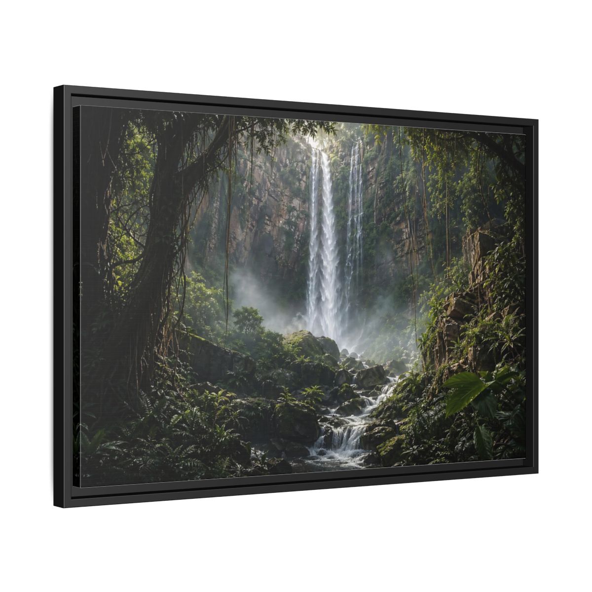 Side Mockup 14. Nature Waterfall Green And Brown shown as stretched canvas wall art