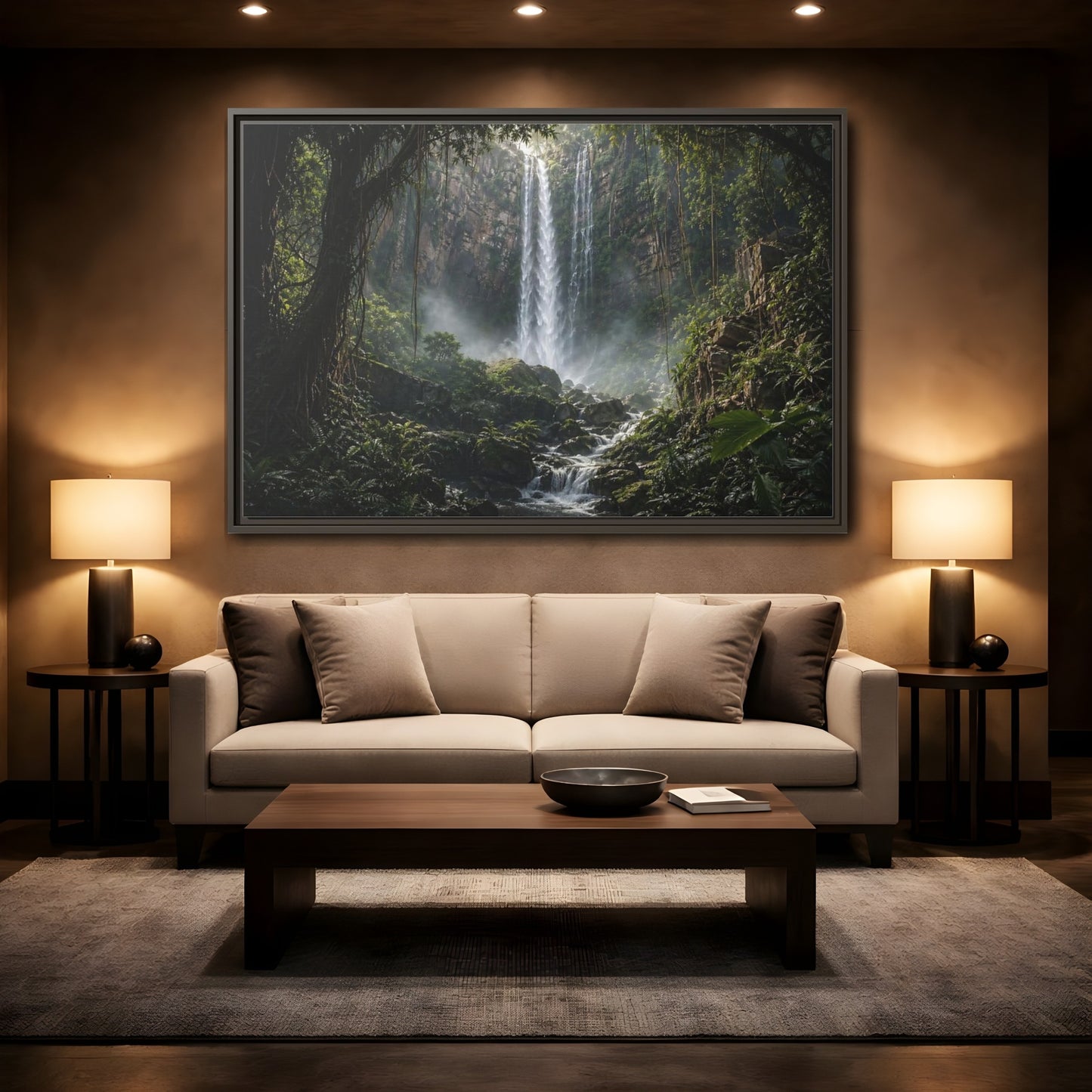Mockup 2. Nature Waterfall Green And Brown shown as stretched canvas wall art