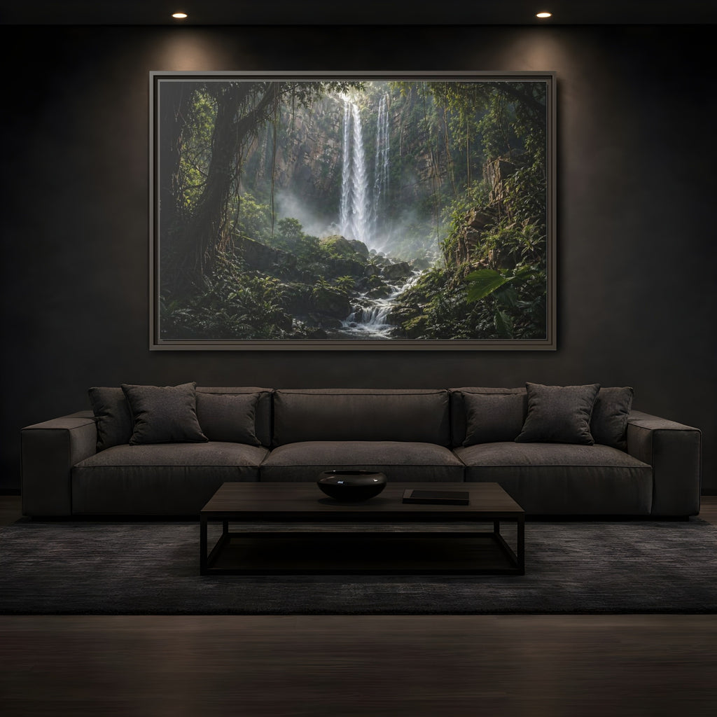 Mockup 3. Nature Waterfall Green And Brown shown as stretched canvas wall art