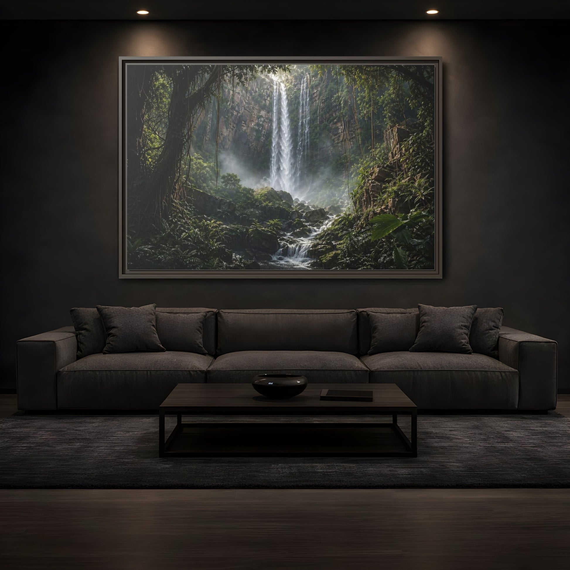 Mockup 3. Nature Waterfall Green And Brown shown as stretched canvas wall art