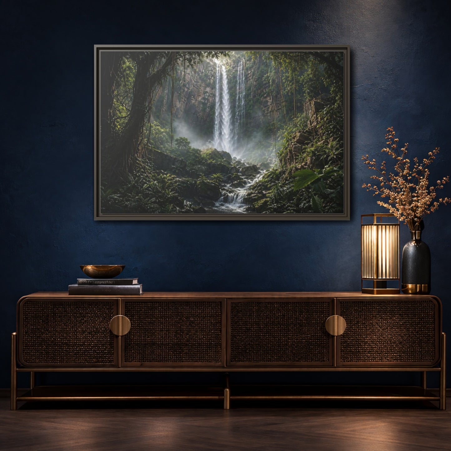 Mockup 4. Nature Waterfall Green And Brown shown as stretched canvas wall art