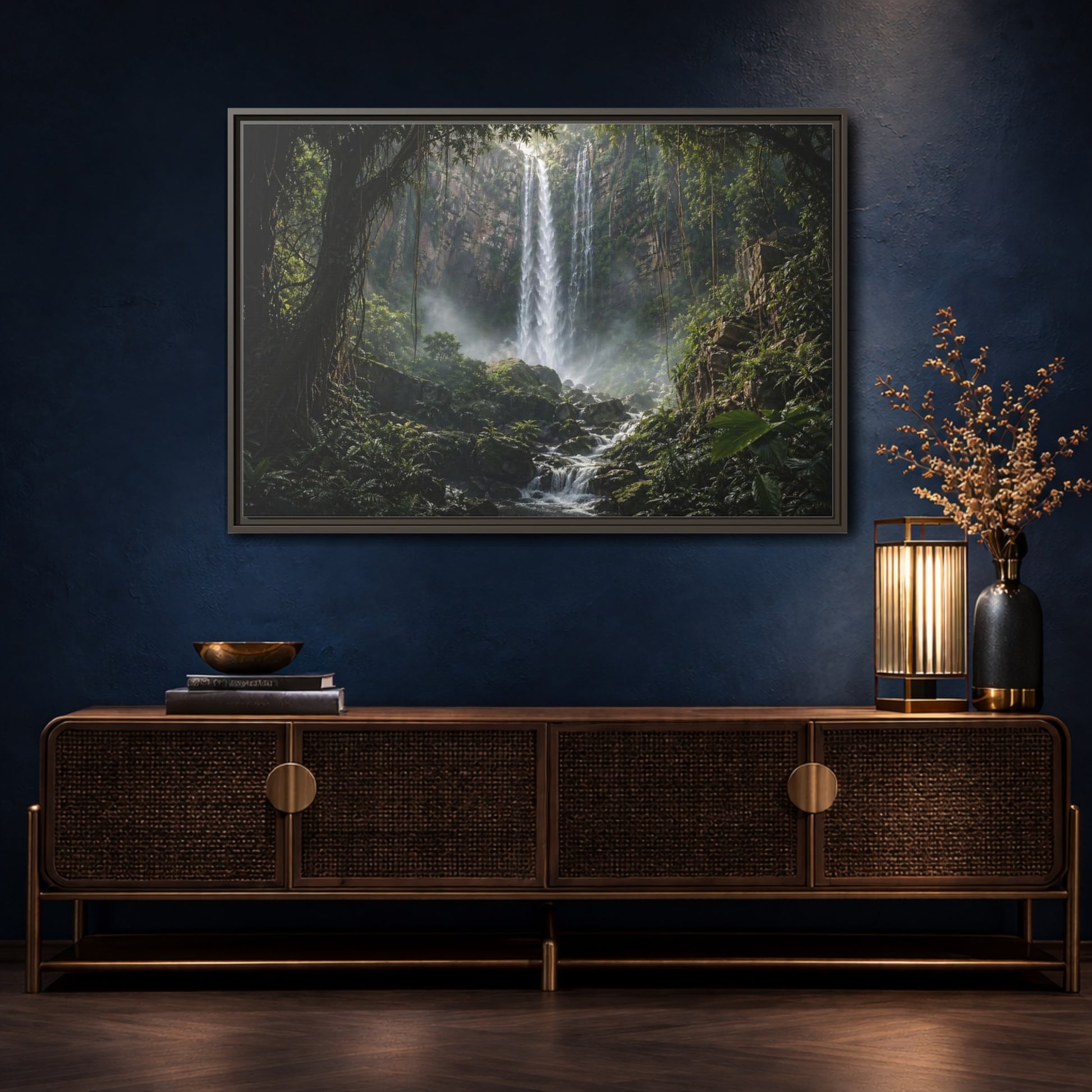 Mockup 4. Nature Waterfall Green And Brown shown as stretched canvas wall art