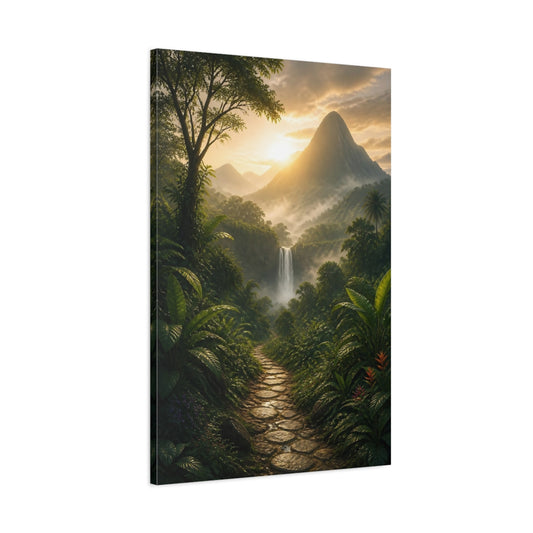 Main Mockup. Nature Waterfall Green And Gold Landscape shown as stretched canvas wall art