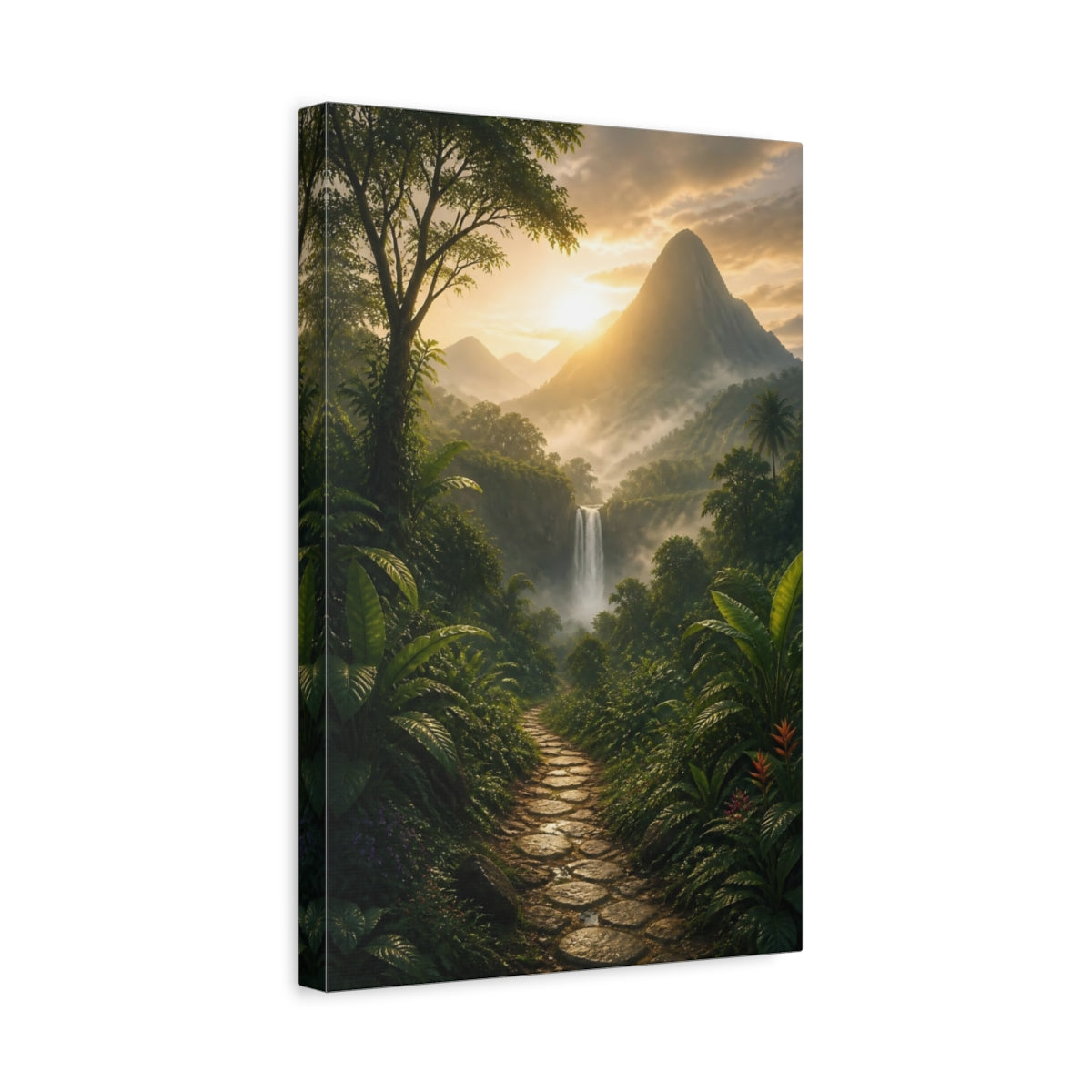 Side Mockup 4. Nature Waterfall Green And Gold Landscape shown as stretched canvas wall art