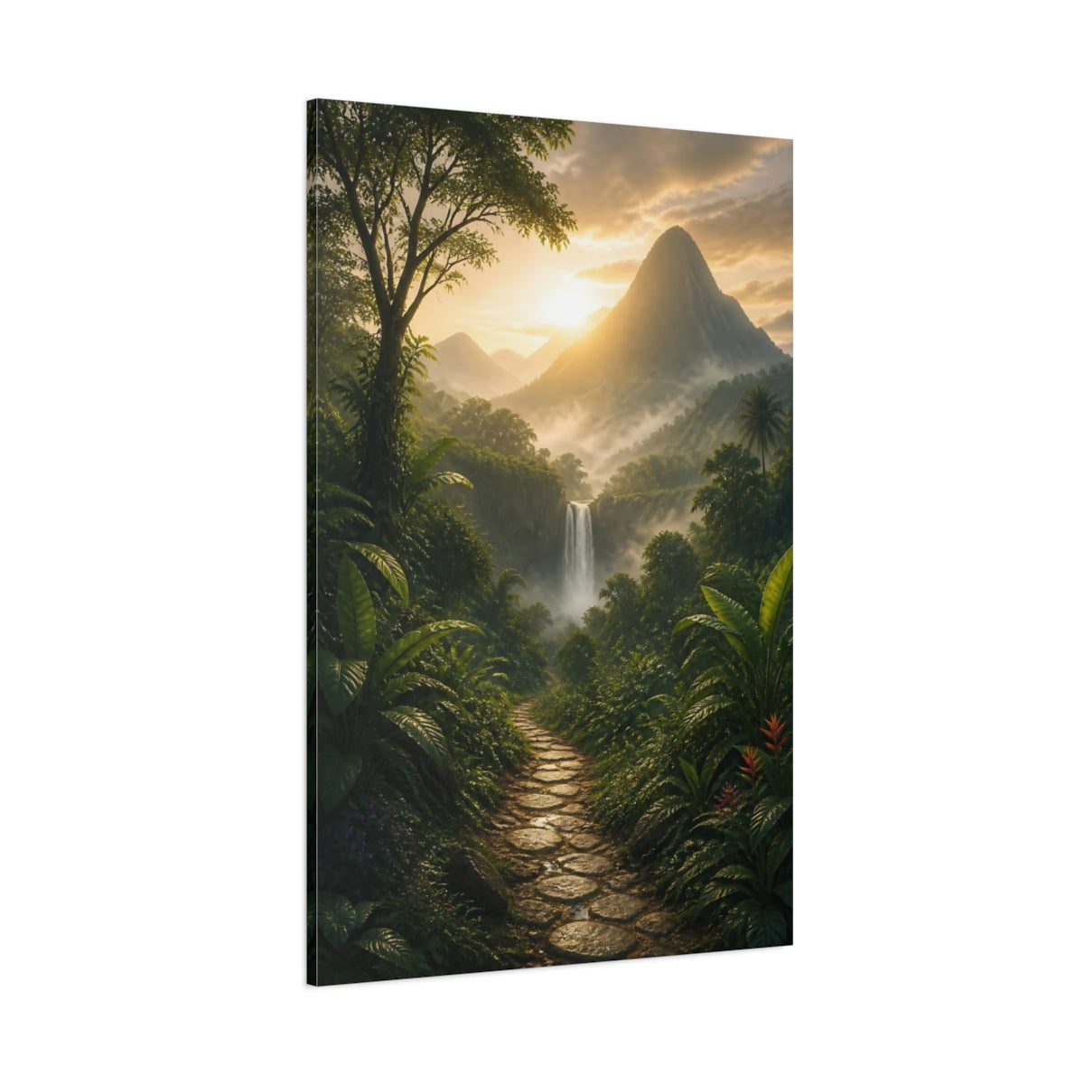 Side Mockup 1. Nature Waterfall Green And Gold Landscape shown as stretched canvas wall art