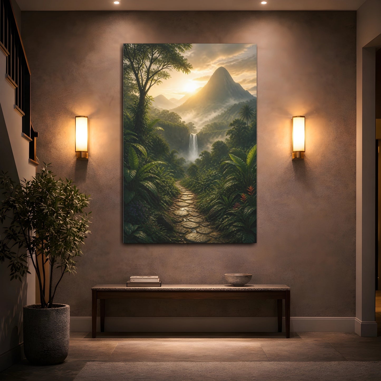 Mockup 2. Nature Waterfall Green And Gold Landscape shown as stretched canvas wall art