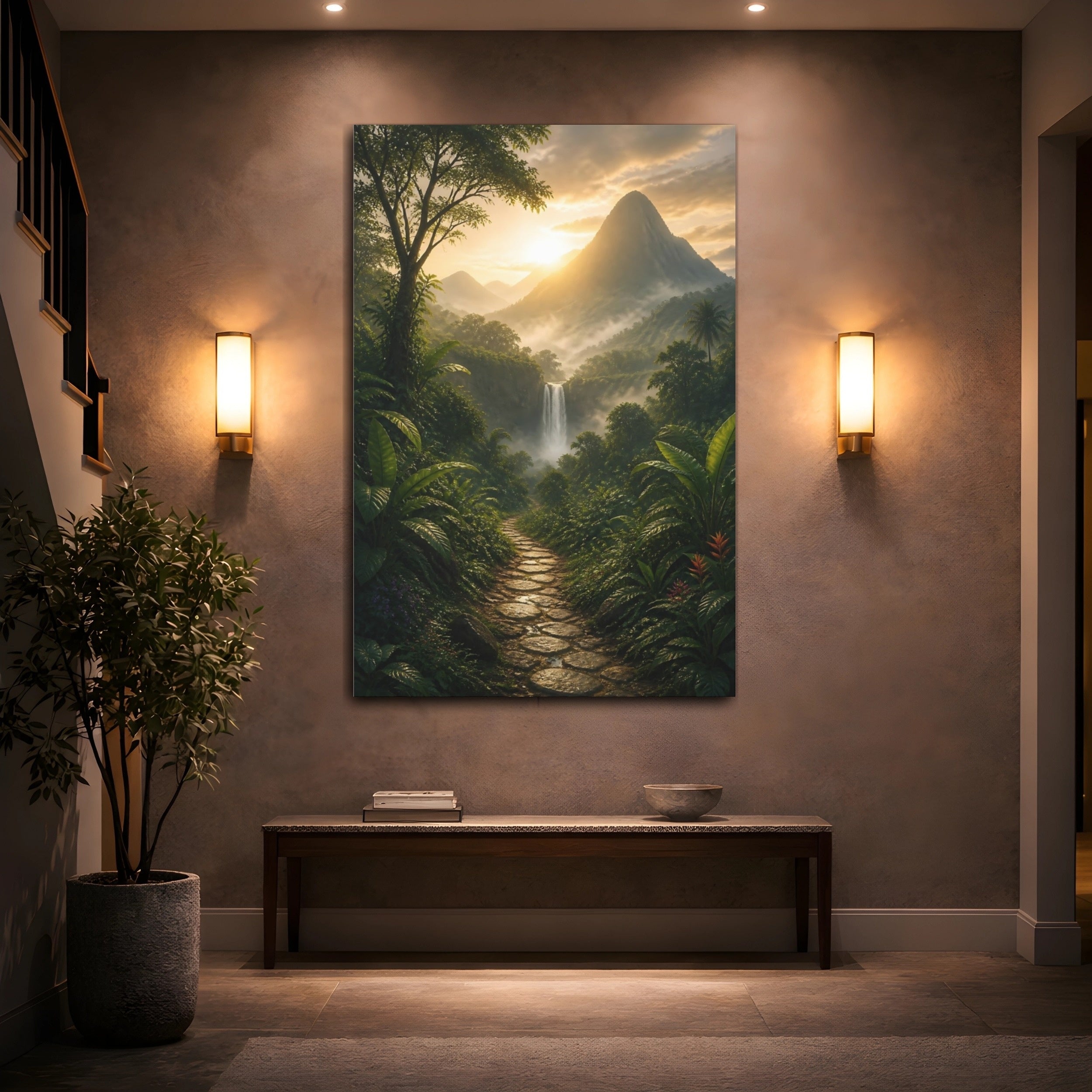 Mockup 2. Nature Waterfall Green And Gold Landscape shown as stretched canvas wall art