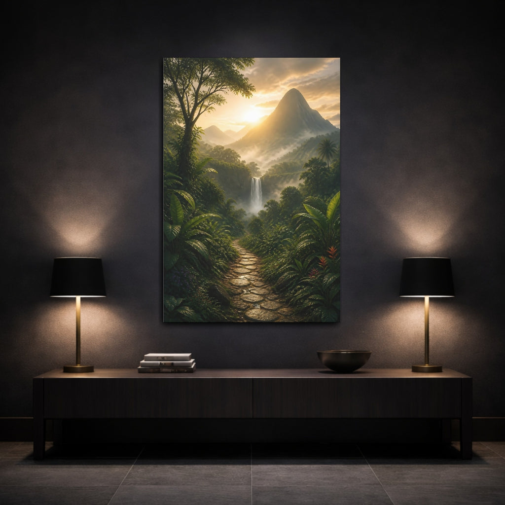 Mockup 3. Nature Waterfall Green And Gold Landscape shown as stretched canvas wall art