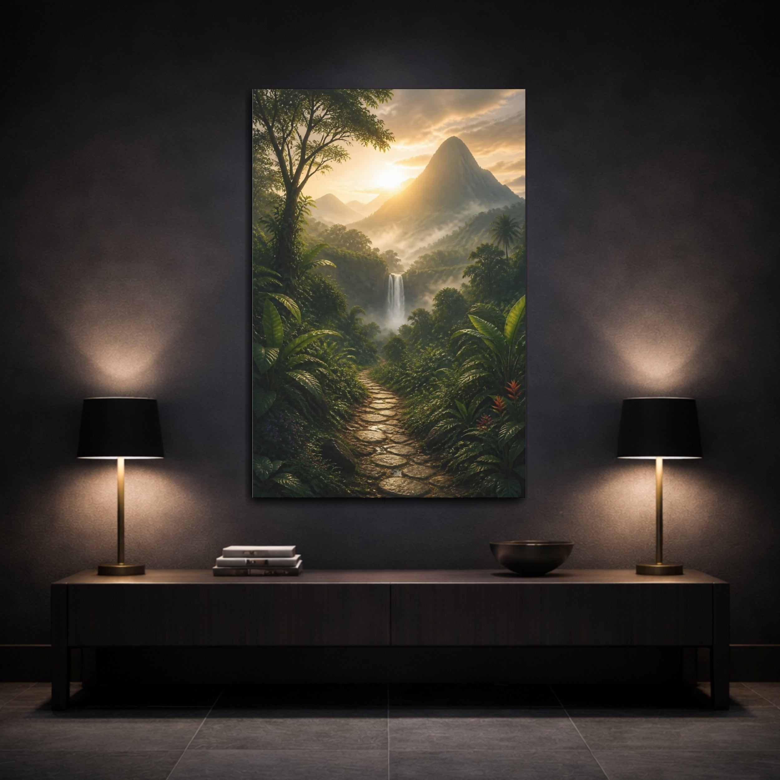 Mockup 3. Nature Waterfall Green And Gold Landscape shown as stretched canvas wall art