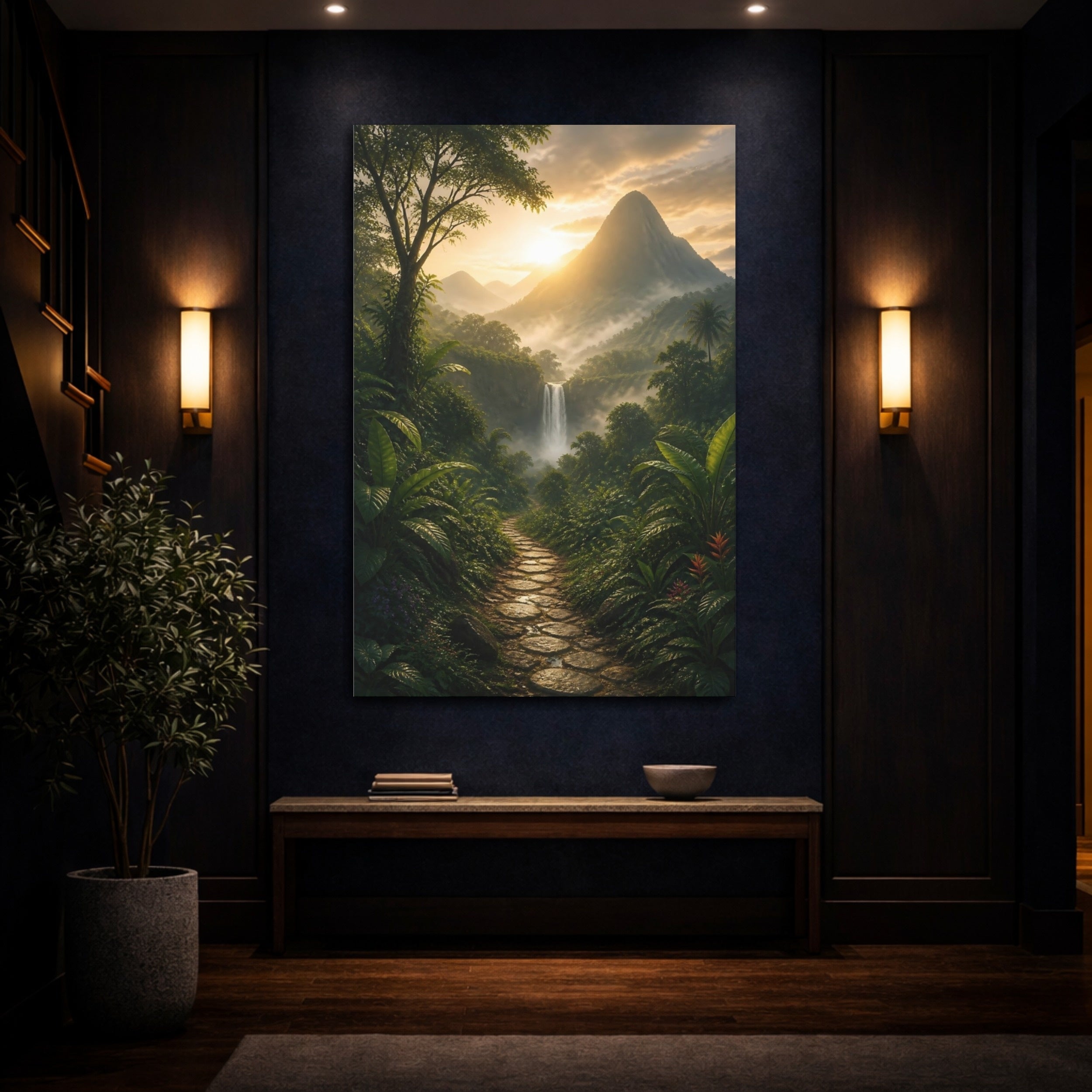 Mockup 4. Nature Waterfall Green And Gold Landscape shown as stretched canvas wall art