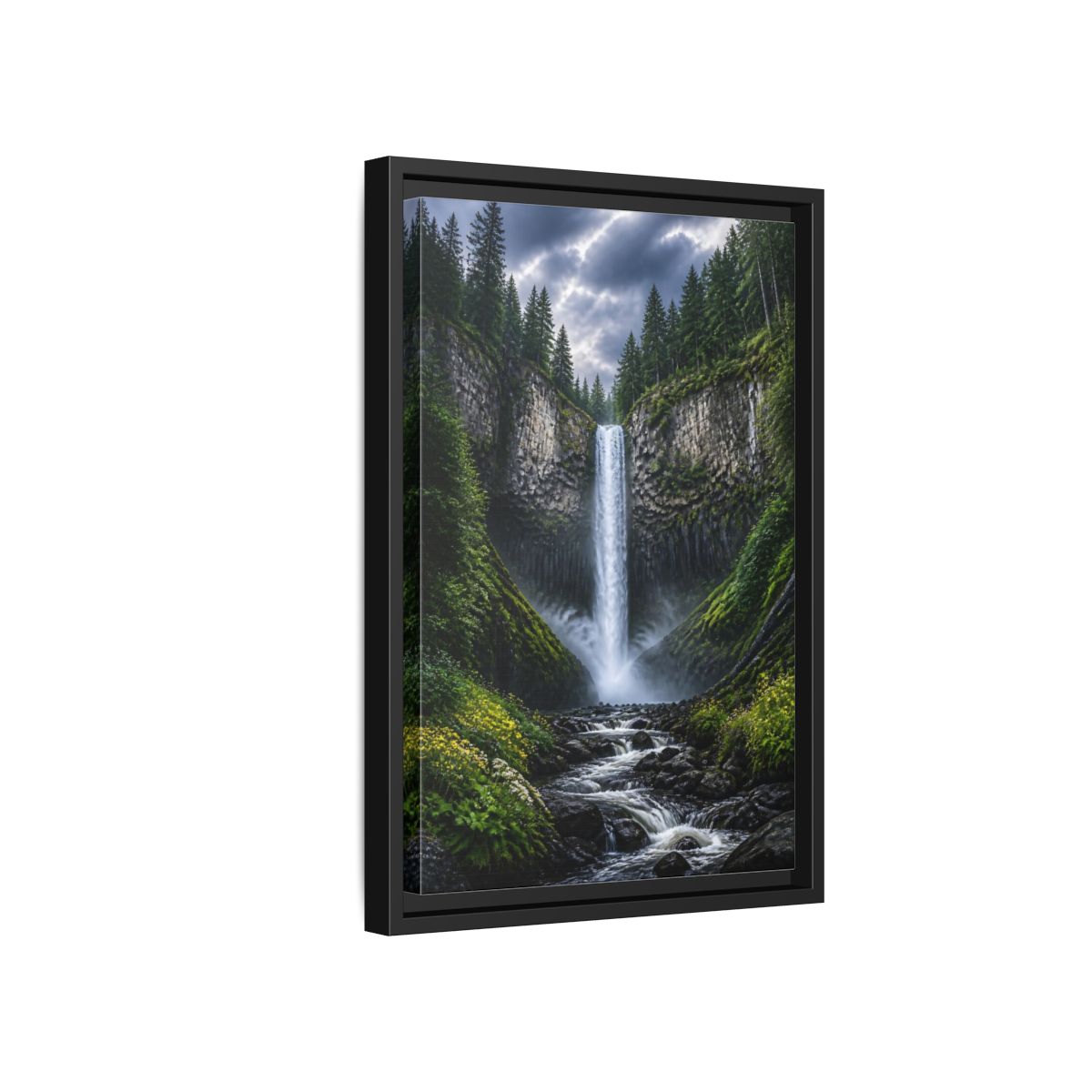Side Mockup 6. Nature Waterfall Green And Gray Waterfall shown as stretched canvas wall art