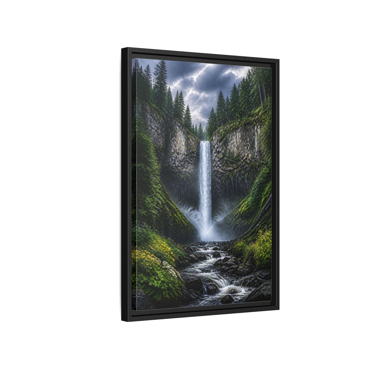 Side Mockup 3. Nature Waterfall Green And Gray Waterfall shown as stretched canvas wall art
