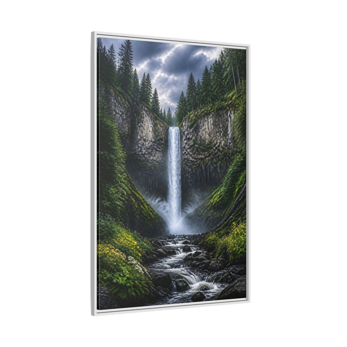Side Mockup 7. Nature Waterfall Green And Gray Waterfall shown as stretched canvas wall art