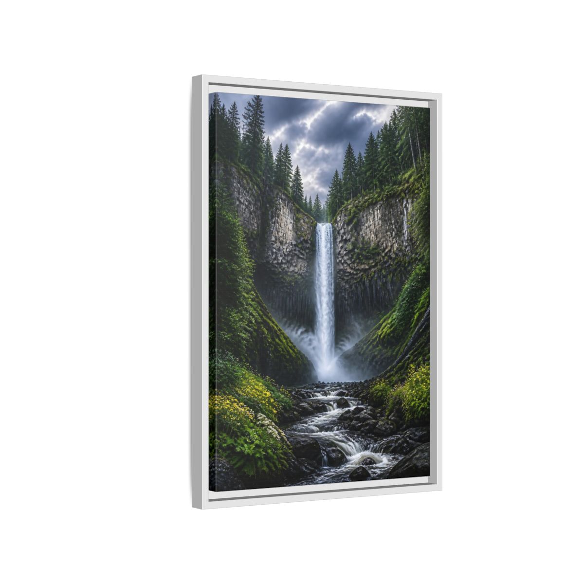 Side Mockup 1. Nature Waterfall Green And Gray Waterfall shown as stretched canvas wall art