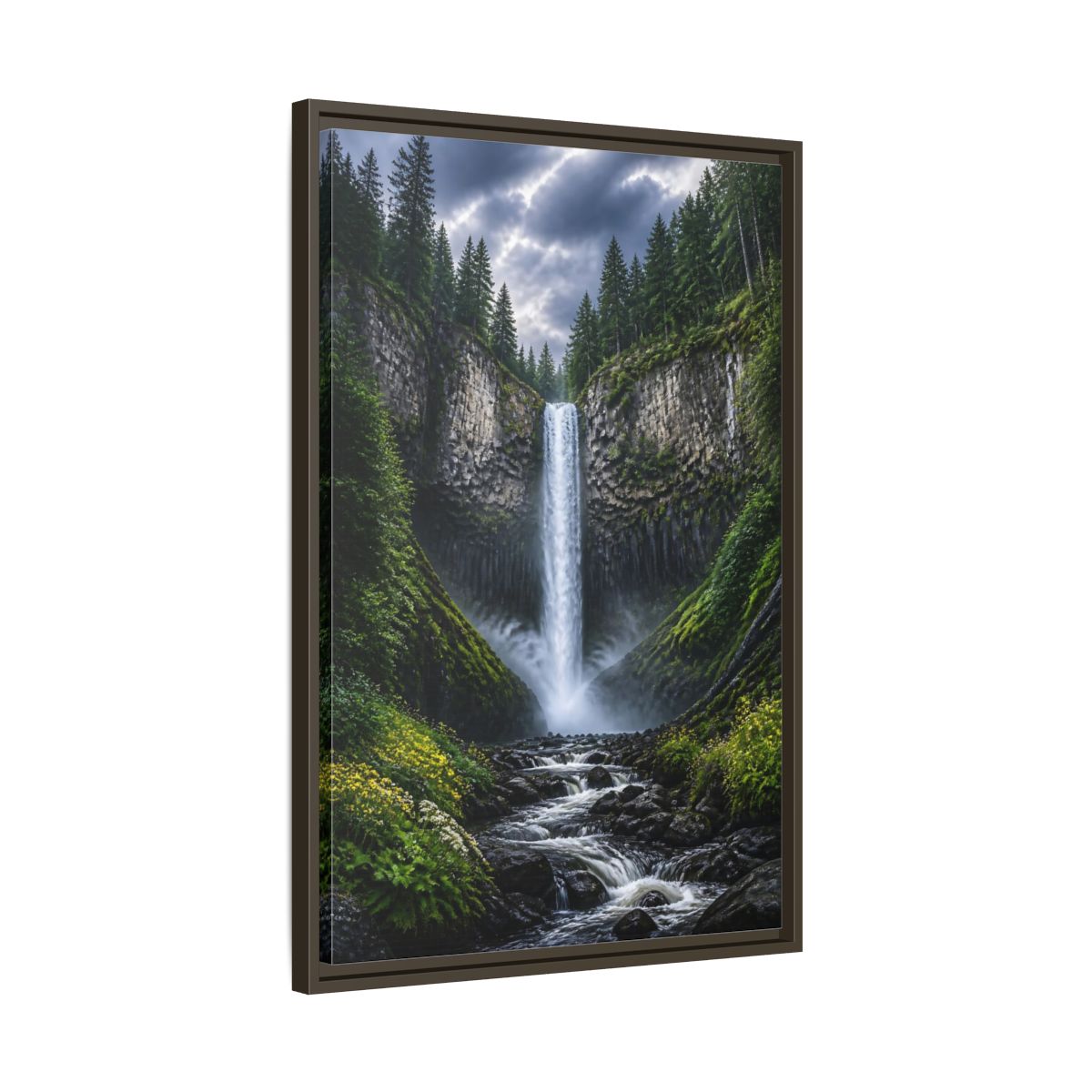Side Mockup 11. Nature Waterfall Green And Gray Waterfall shown as stretched canvas wall art