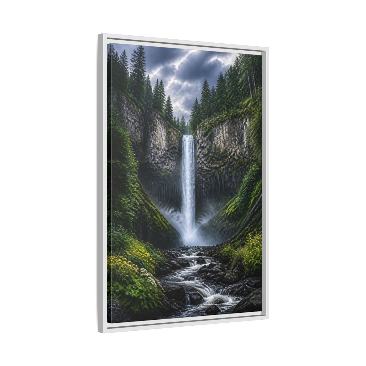 Side Mockup 10. Nature Waterfall Green And Gray Waterfall shown as stretched canvas wall art